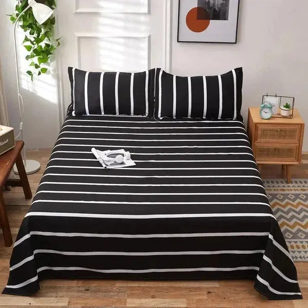 Bedroom Decor Flat Sheet with Pillowcases-Black-Linas
