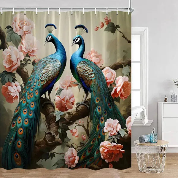 Peacock Shower Curtain Bathroom with Hooks-1175AM-Linas