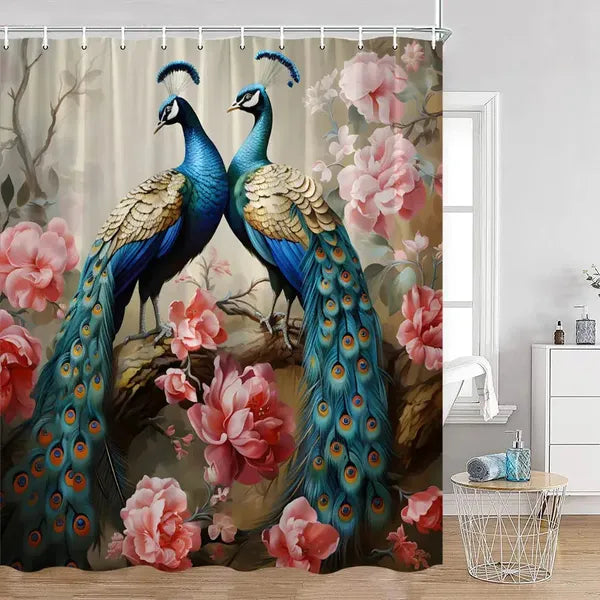Peacock Shower Curtain Bathroom with Hooks-1178AM-Linas