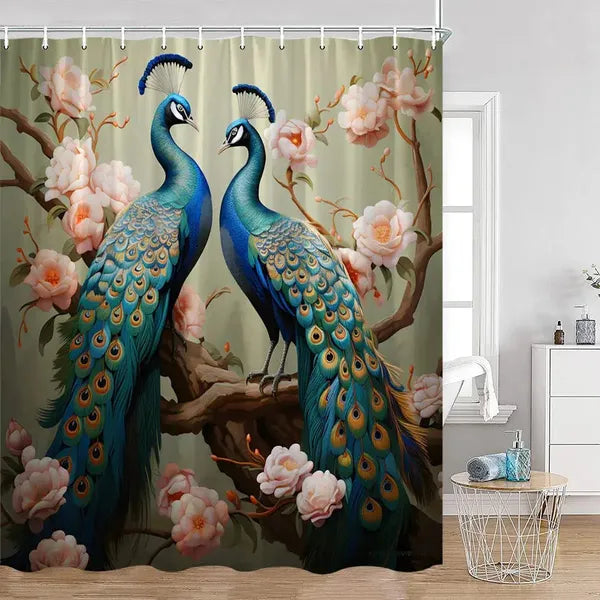 Peacock Shower Curtain Bathroom with Hooks-2841AM-Linas