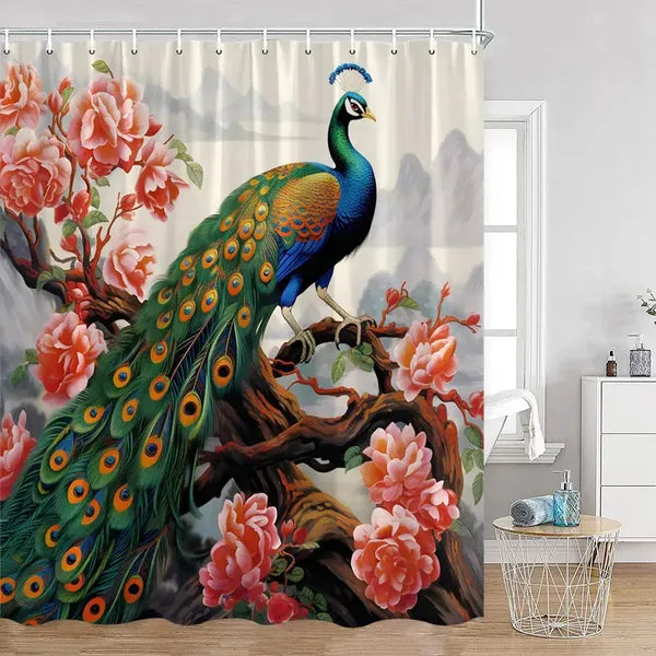 Peacock Shower Curtain Bathroom with Hooks-2843AM-Linas