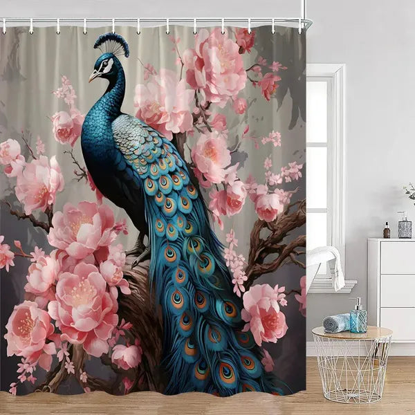 Peacock Shower Curtain Bathroom with Hooks-4058AM-Linas