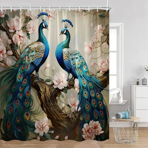 Peacock Shower Curtain Bathroom with Hooks-563AM-Linas