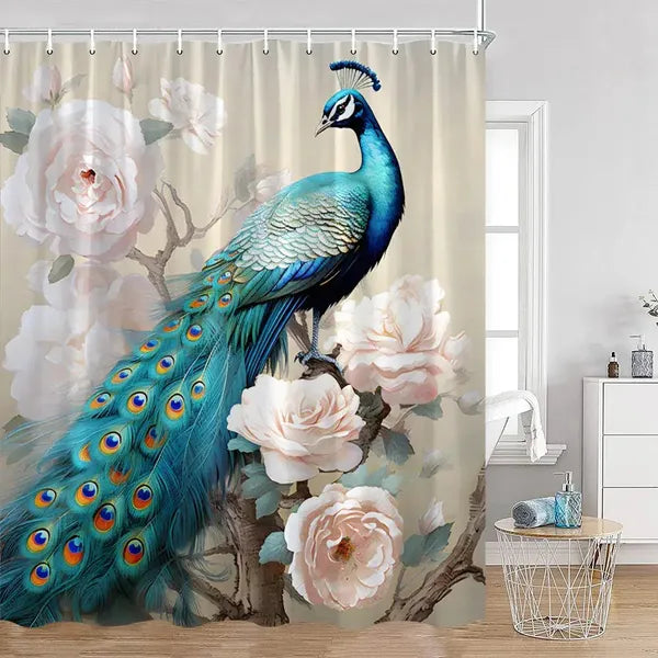Peacock Shower Curtain Bathroom with Hooks-915AM-Linas