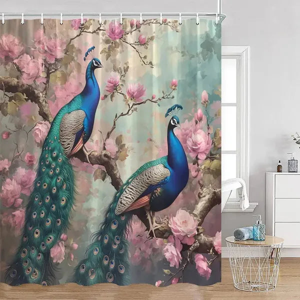 Peacock Shower Curtain Bathroom with Hooks-9517AL-Linas