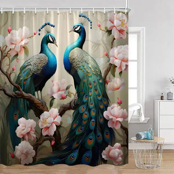 Peacock Shower Curtain Bathroom with Hooks-Linas