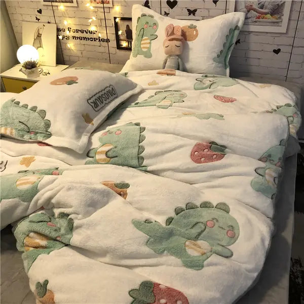 Princess Heart Velvet Duvet Cover Set 4 Piece-Fruit Little Dinosaur-Linas