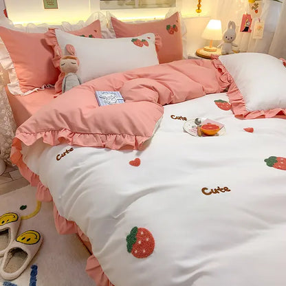 Girl's Heart Princess Duvet Cover 4 Piece-Strawberry white-Linas