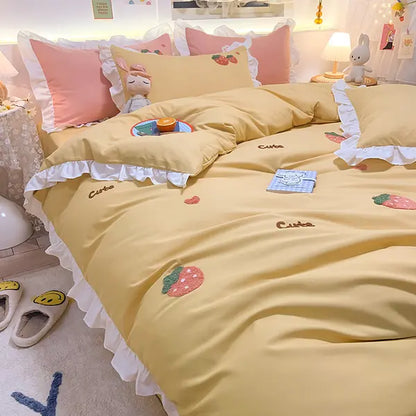 Girl's Heart Princess Duvet Cover 4 Piece-Strawberry yellow-Linas