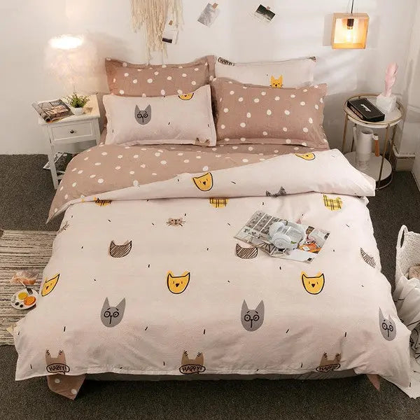 Kids Cashmere cotton Duvet Cover Set 4 piece-Cute little cat-Linas