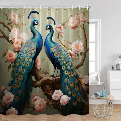 Peacock Shower Curtain Bathroom with Hooks-2841AM-Linas