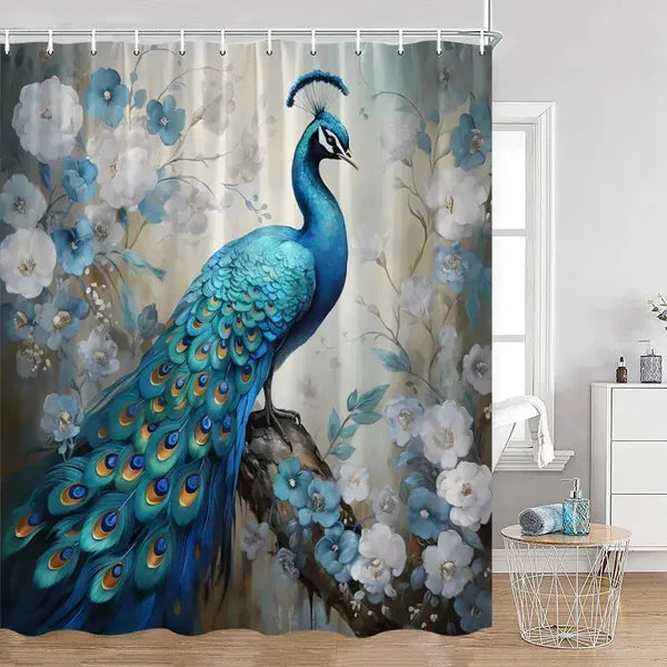Peacock Shower Curtain Bathroom with Hooks-4063AM-Linas