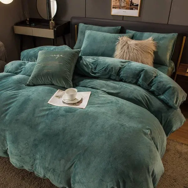 Thick Flannel Duvet cover 3 pieces-Green-Linas